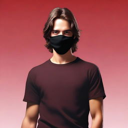 Create a realistic image of a young man with brown hair wearing a black mask that covers the lower half of his face