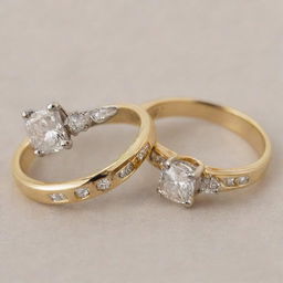 Two similar golden engagement rings. The first one has the letter 'R' engraved on it and the second one has the letter 'J' engraved.