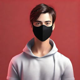 Create a realistic image of a young man with brown hair wearing a black mask that covers the lower half of his face