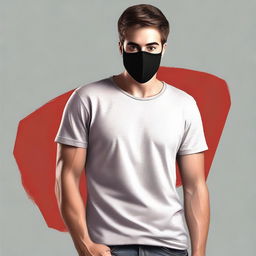 Create a realistic image of a young man with brown hair wearing a black mask that covers the lower half of his face