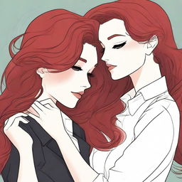 A fanfic cover illustration featuring a couple of lesbian women deeply in love, both around 35 years old