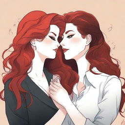 A fanfic cover illustration featuring a couple of lesbian women deeply in love, both around 35 years old