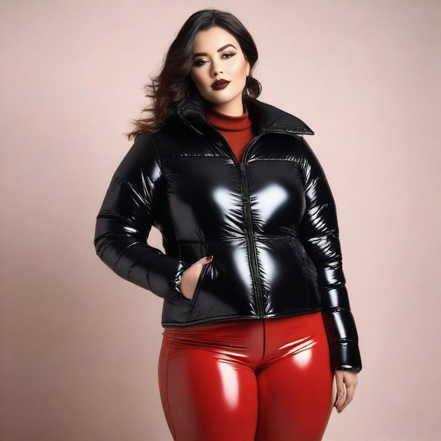 A stylish and confident woman with a curvy figure, wearing a tight, closed black puffer jacket and red latex leggings