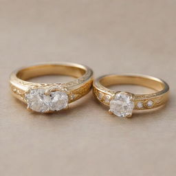 Two similar golden engagement rings. The first one has the letter 'R' engraved on it and the second one has the letter 'J' engraved.