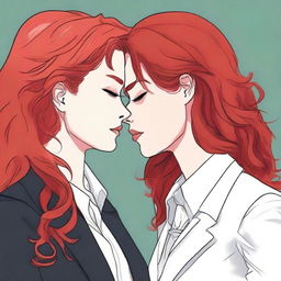 A fanfic cover illustration featuring a couple of lesbian women deeply in love, both around 35 years old