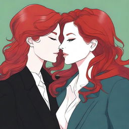 A fanfic cover illustration featuring a couple of lesbian women deeply in love, both around 35 years old