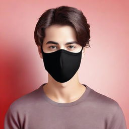 Create a realistic, full-face image of a young man with brown hair wearing a black mask that covers the lower half of his face