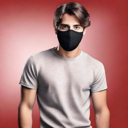 Create a realistic, full-face image of a young man with brown hair wearing a black mask that covers the lower half of his face