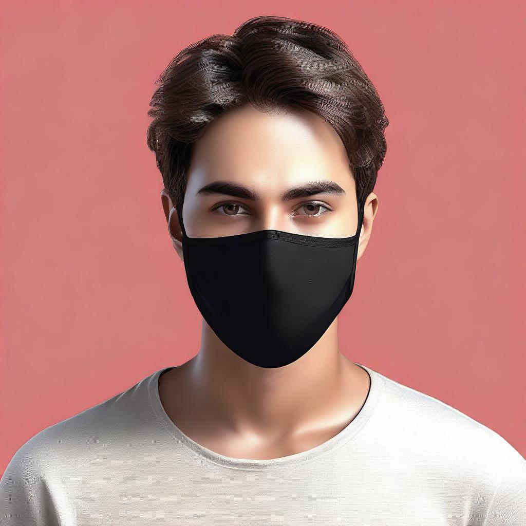 Create a realistic, full-face image of a young man with brown hair wearing a black mask that covers the lower half of his face