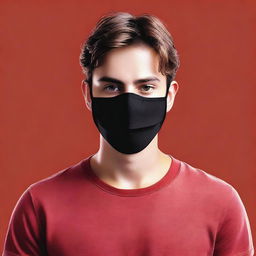 Create a realistic, full-face image of a young man with brown hair wearing a black mask that covers the lower half of his face