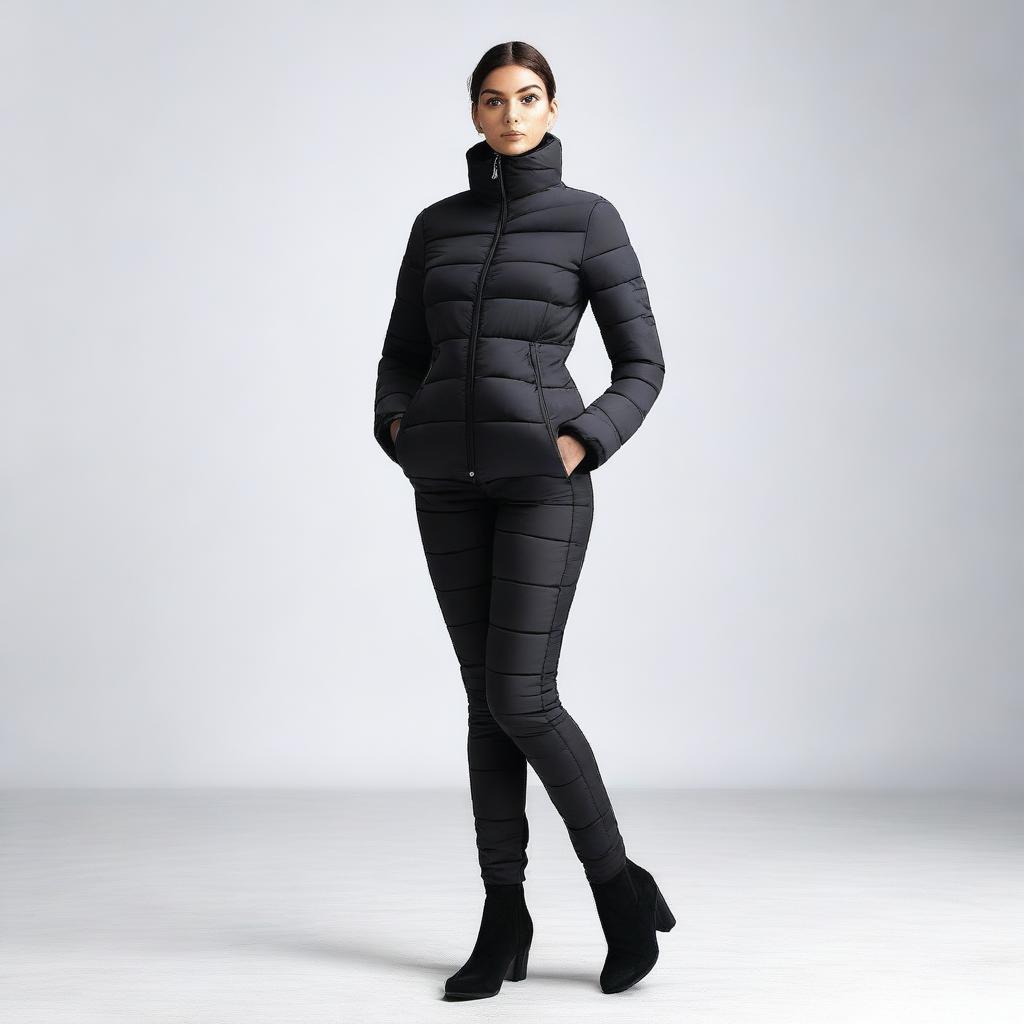 A stylish and confident woman wearing a tight black puffer suit