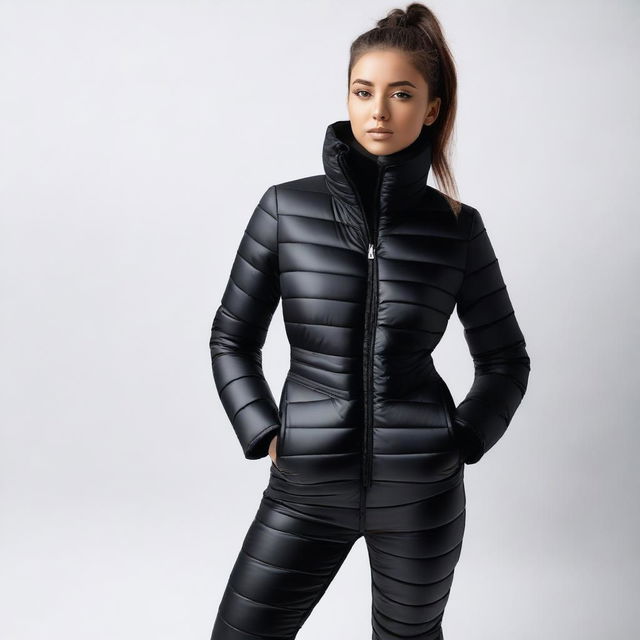 A stylish and confident woman wearing a tight black puffer suit