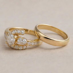 Two similar golden engagement rings. The first one has the letter 'R' engraved on it and the second one has the letter 'J' engraved.