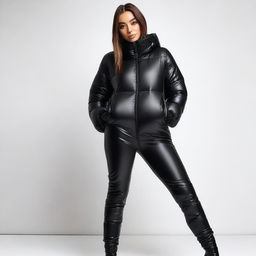 A stylish and confident woman wearing a tight black puffer suit