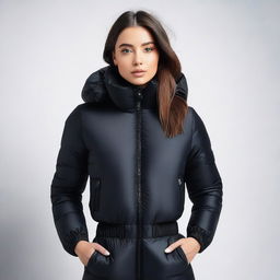 A stylish and confident girl wearing a tight black puffer suit