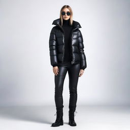 A stylish and confident girl wearing a tight black puffer suit