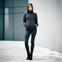 A stylish and confident girl wearing a tight black puffer suit