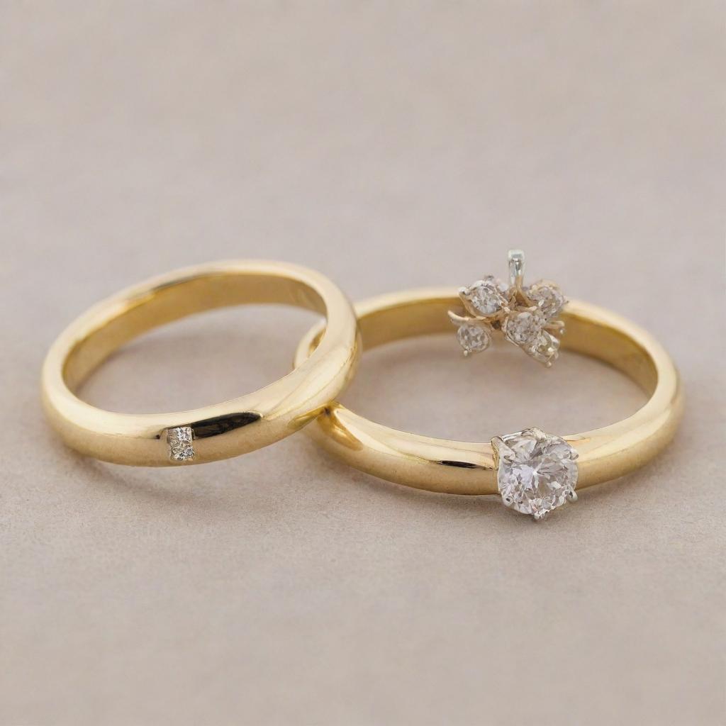 Two similar golden engagement rings. The first one has the letter 'R' engraved on it and the second one has the letter 'J' engraved.