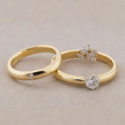 Two similar golden engagement rings. The first one has the letter 'R' engraved on it and the second one has the letter 'J' engraved.