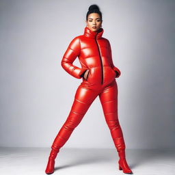 A stylish and confident woman wearing a tight red puffer suit