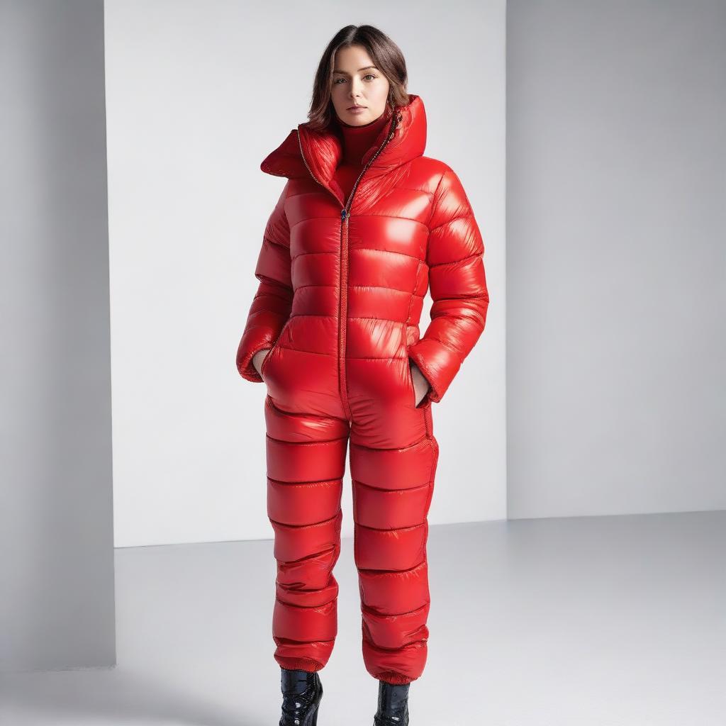 A stylish and confident woman wearing a tight red puffer suit