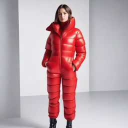 A stylish and confident woman wearing a tight red puffer suit