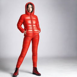 A stylish and confident girl wearing a tight red puffer suit