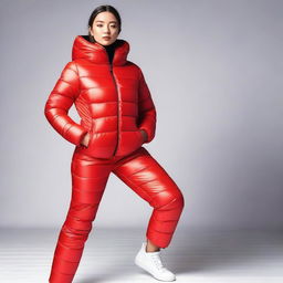 A stylish and confident girl wearing a tight red puffer suit