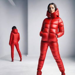 A stylish and confident girl wearing a tight red puffer suit