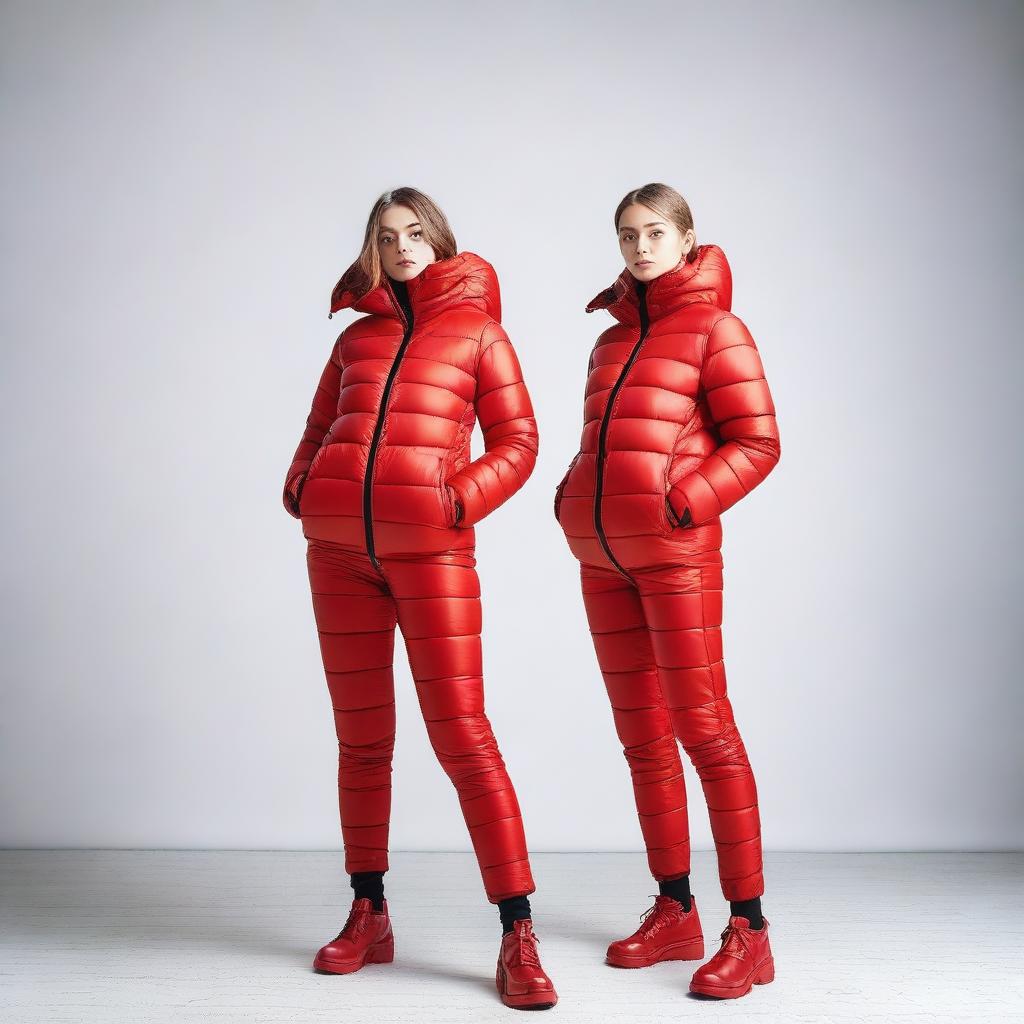 A stylish and confident girl wearing a tight red puffer suit