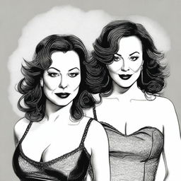 A realistic illustration featuring Jennifer Tilly and Fiona Dourif