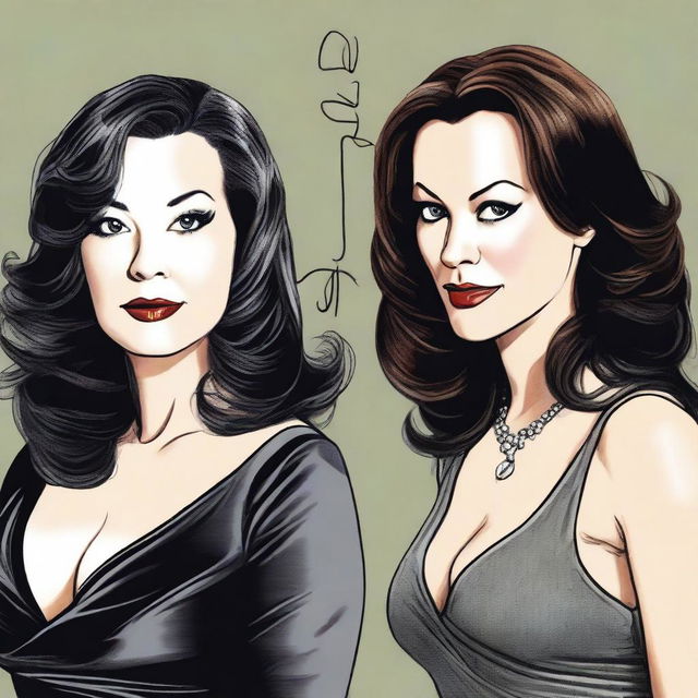 A realistic illustration featuring Jennifer Tilly and Fiona Dourif