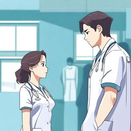 A young Korean male doctor and a black nurse girl are standing with their backs to the camera, looking at each other