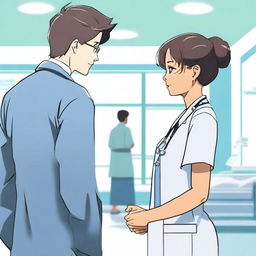 A young Korean male doctor and a black nurse girl are standing with their backs to the camera, looking at each other