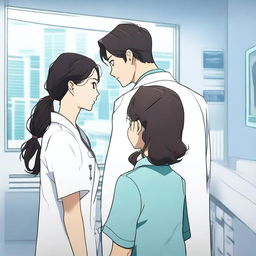 A young Korean male doctor and a black nurse girl are standing with their backs to the camera, looking at each other