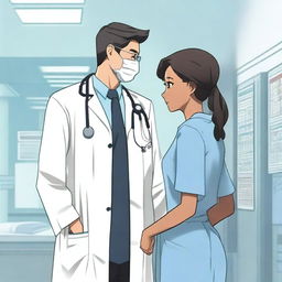 A young Korean male doctor and a black nurse girl are standing with their backs to the camera, looking at each other