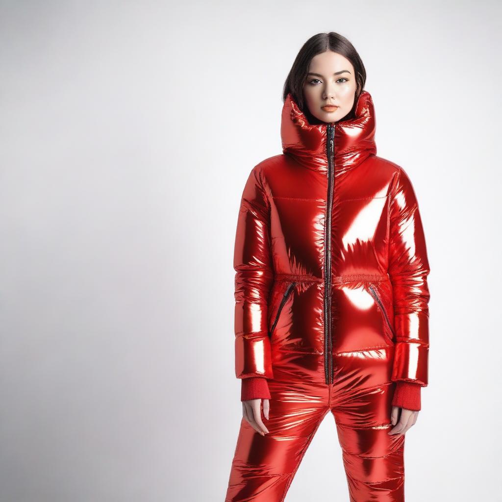 A stylish and confident woman wearing a tight red shiny puffer suit