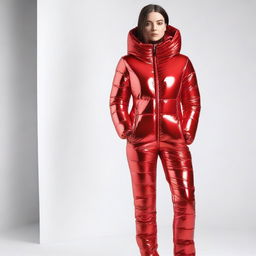 A stylish and confident woman wearing a tight red shiny puffer suit