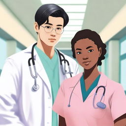 A book cover featuring a young Korean male doctor and a black nurse girl standing back to back, looking at each other