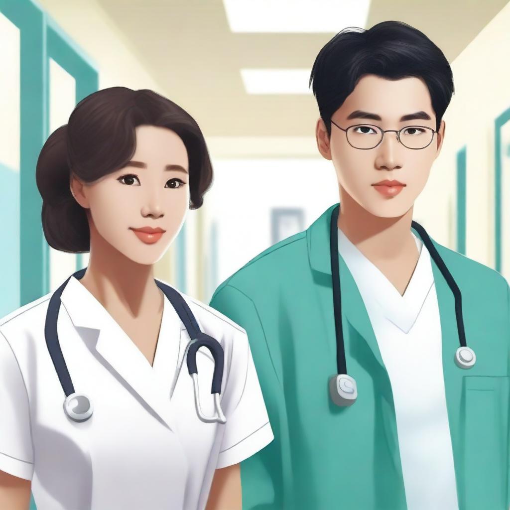 A book cover featuring a young Korean male doctor and a black nurse girl standing back to back, looking at each other