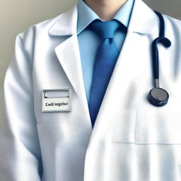 A detailed image of a medical uniform, including a white coat, stethoscope, and name badge