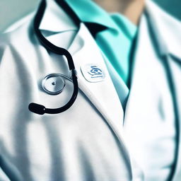 A detailed image of a medical uniform, including a white coat, stethoscope, and name badge