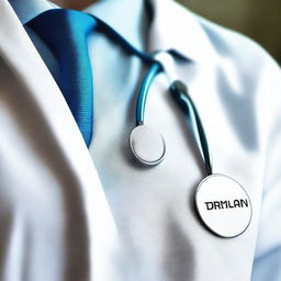 A detailed image of a medical uniform, including a white coat, stethoscope, and name badge