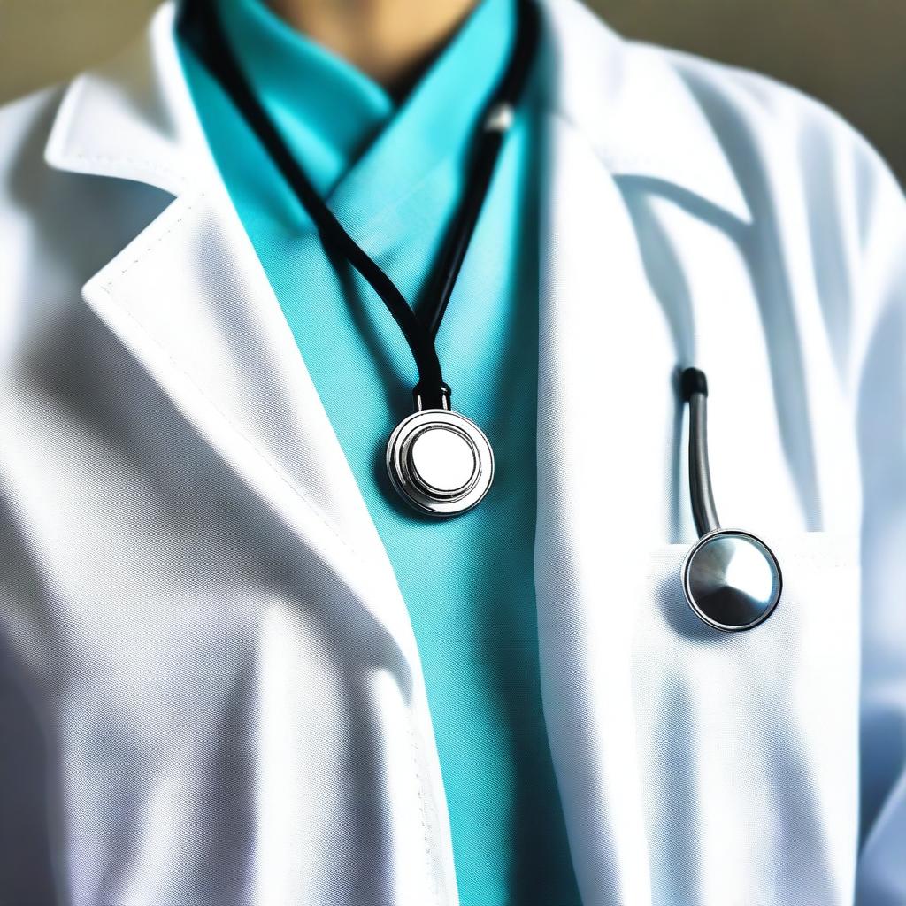 A detailed image of a medical uniform, including a white coat, stethoscope, and name badge