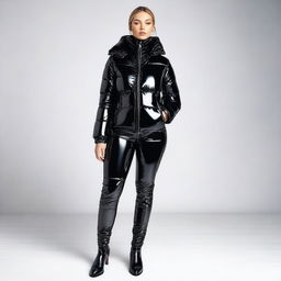 A stylish and confident woman wearing a tight black shiny puffer suit