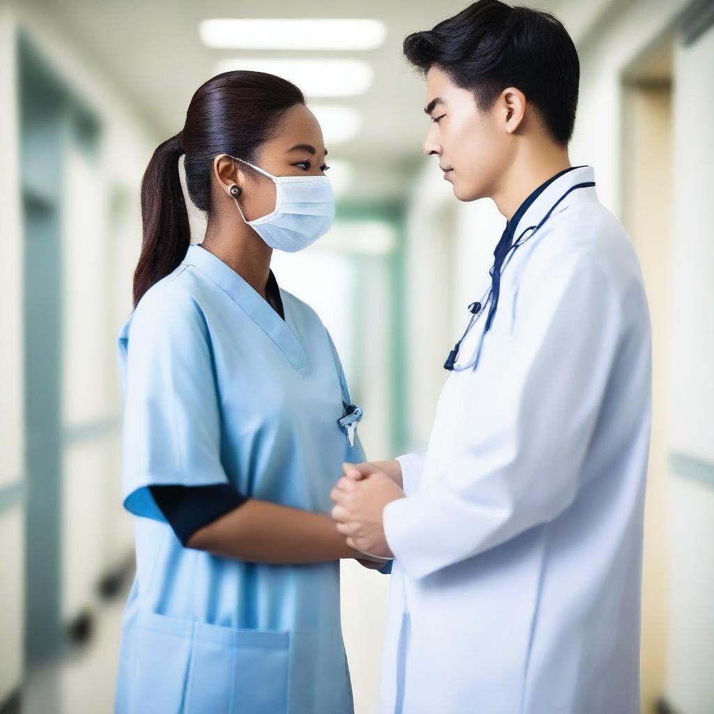 A young Korean male doctor and a black nurse girl are standing in a hospital, looking at each other with their backs to the camera