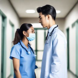 A young Korean male doctor and a black nurse girl are standing in a hospital, looking at each other with their backs to the camera