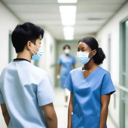 A young Korean male doctor and a black nurse girl are standing in a hospital, looking at each other with their backs to the camera