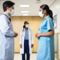 A young Korean male doctor and a black nurse girl are standing in a hospital, looking at each other with their backs to the camera