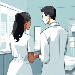 An illustration of a young Korean male doctor and a black female nurse standing with their backs to the viewer